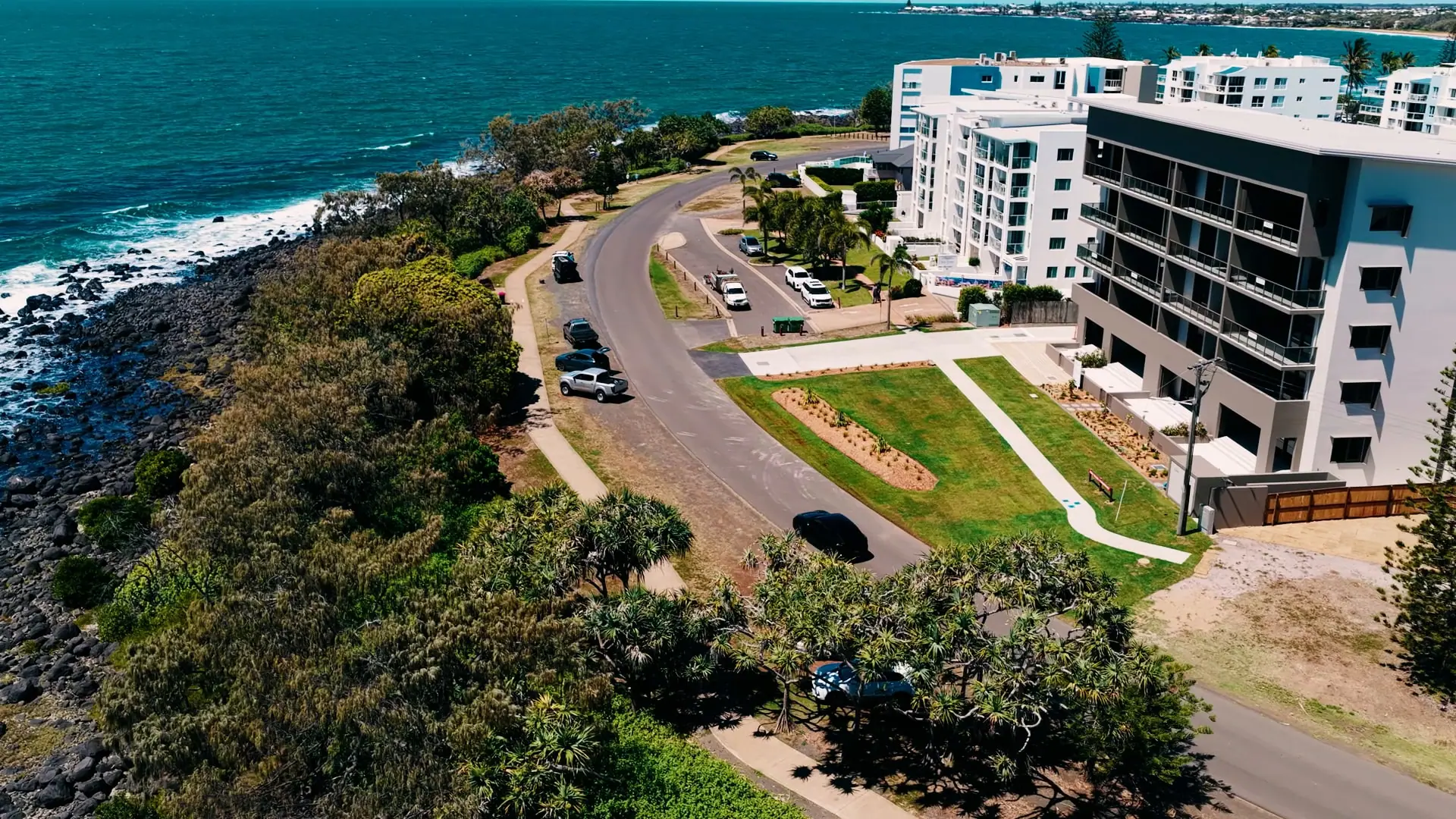 The Bargara headland and coastline from the air, with Mira Living on the point