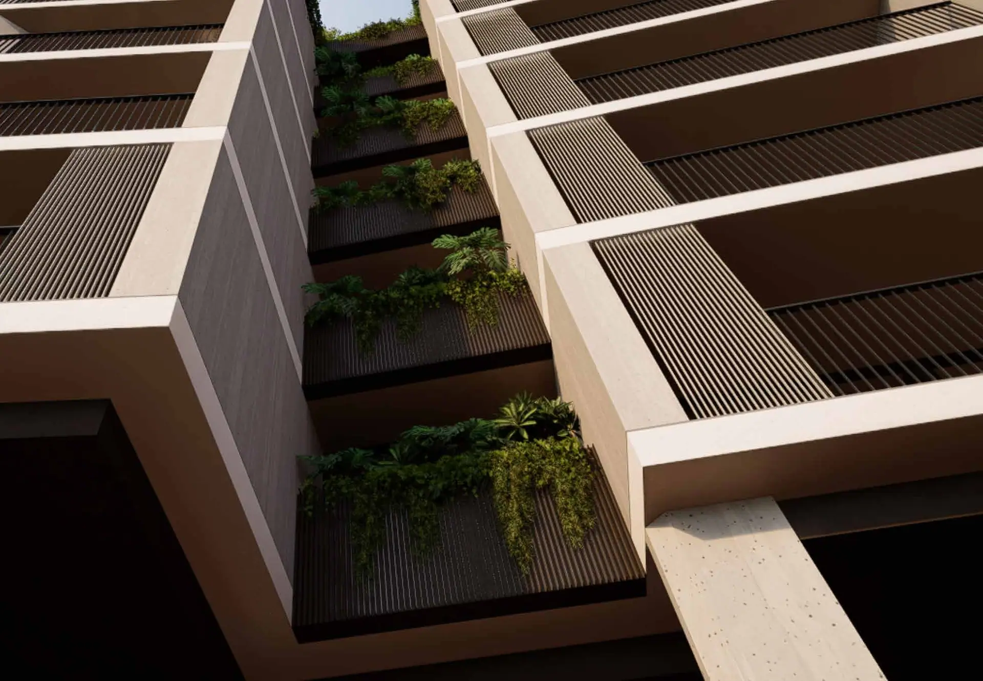 Indicative render looking up from the entry: stacked balconies with planted edges and timber battens