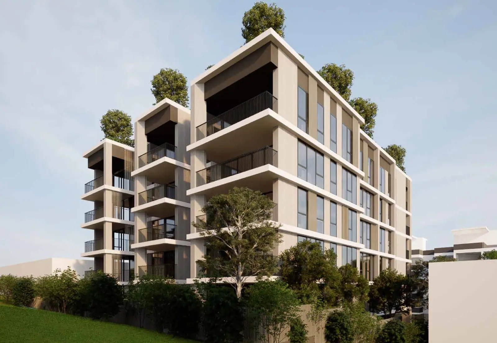 Indicative render of the rear facade: stepped balconies and full-height glazing above a landscaped garden
