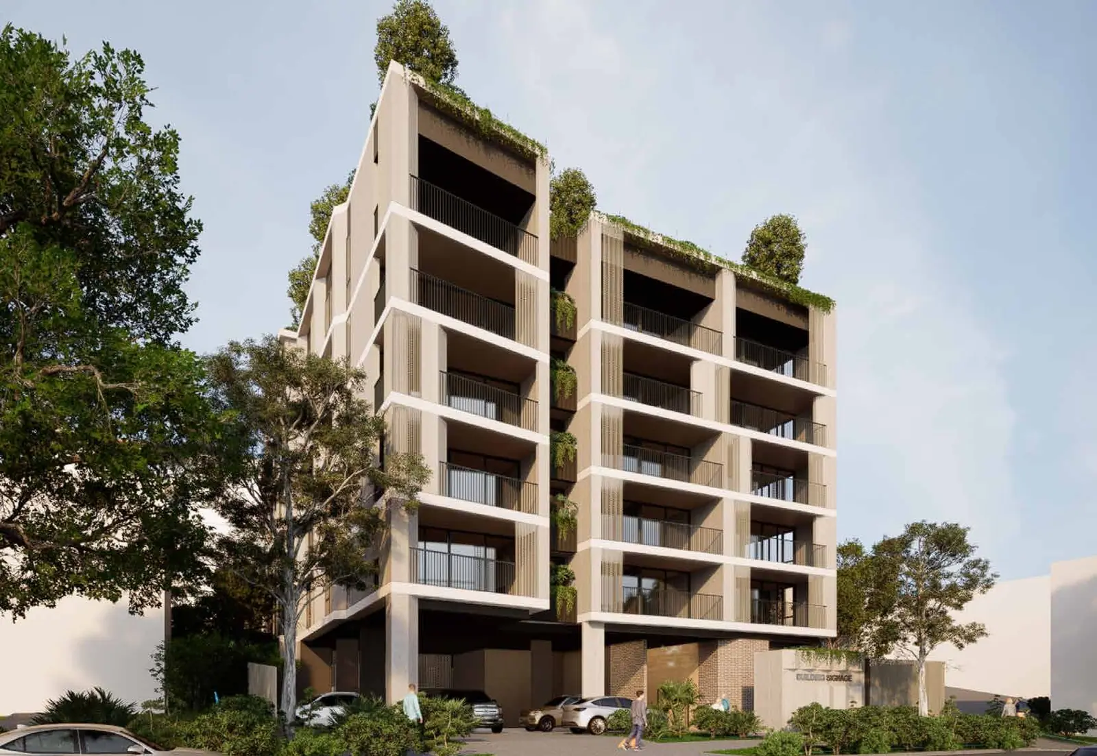 Indicative render of the proposed five-level Mount Gravatt building from Lauder Street, with deep planted balconies, timber-battened screens and trees along the rooftop