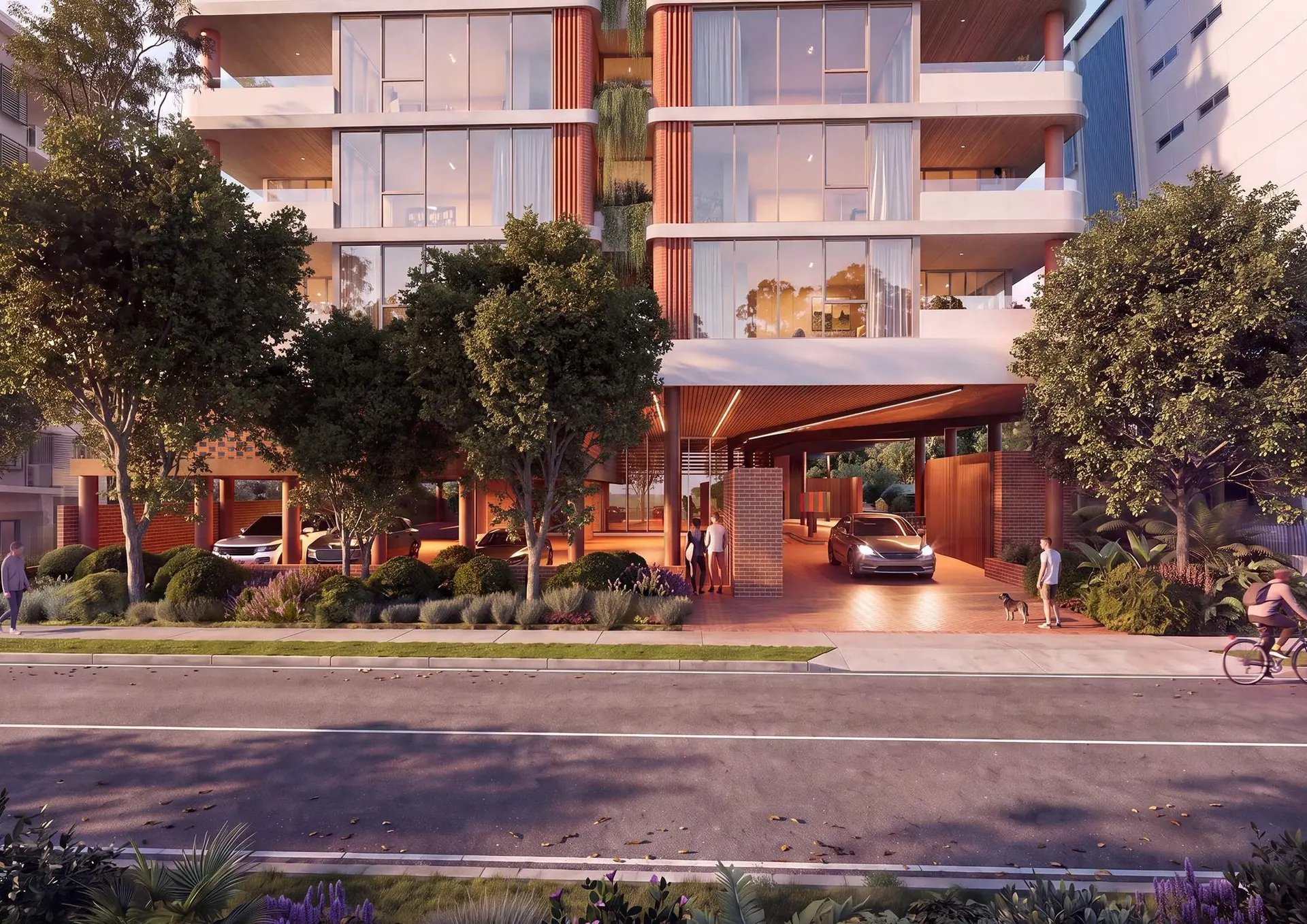 Indicative render of the street frontage: a landscaped verge and a timber-lined drop-off beneath the building
