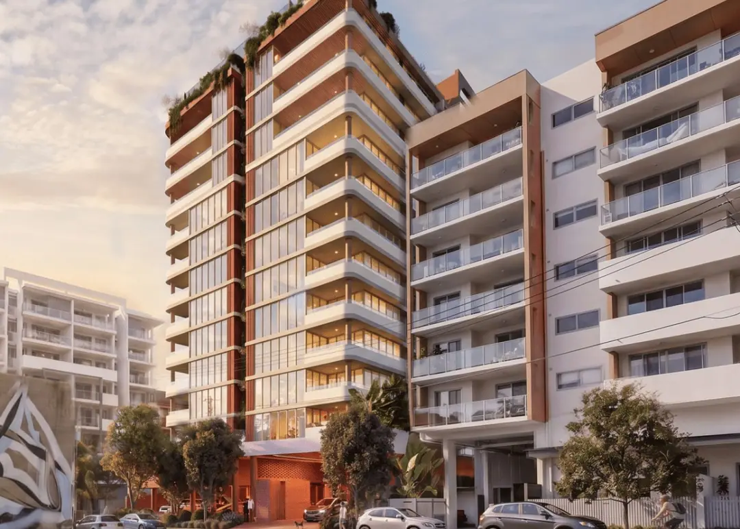 Indicative render of the proposed thirteen-storey West End building, with curved white balconies, terracotta blades and a planted rooftop, seen from the street