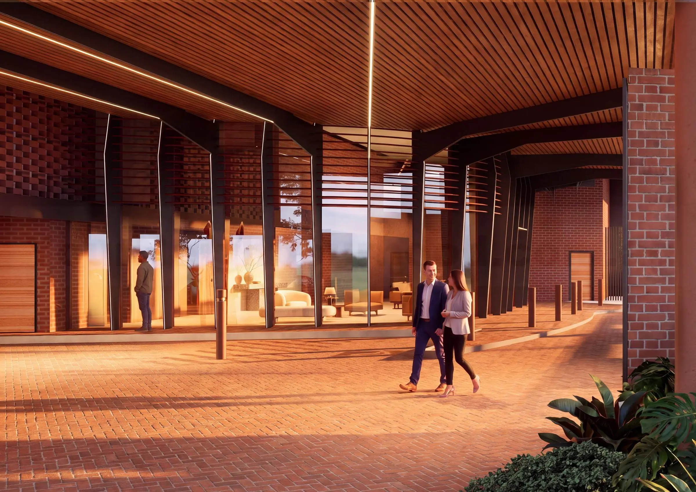 Indicative render of the entry undercroft: brick piers, a timber-battened ceiling and a paved forecourt at dusk